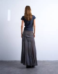 Model wearing Dropped waist full hem maxi skirt in  stripe