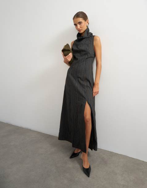 Topshop dropped waist funnel neck maxi dress in rust woven stripe