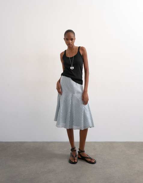 Topshop dropped waist godet hem crinkle skirt in black and white stripes - view 1