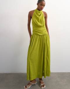 Dropped waist halter maxi dress in brown and lime check