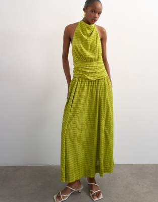 Topshop dropped waist halter maxi dress in brown and lime plaid | ASOS