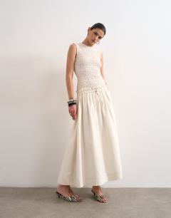 Dropped waist heavy cotton maxi dress in white