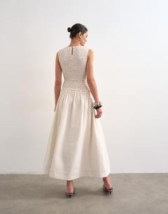 Model wearing Dropped waist heavy cotton maxi dress in white