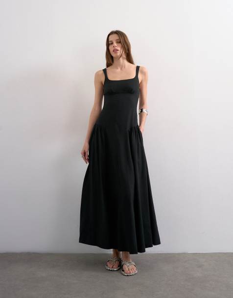 Topshop dropped waist linen maxi dress in black - view 1