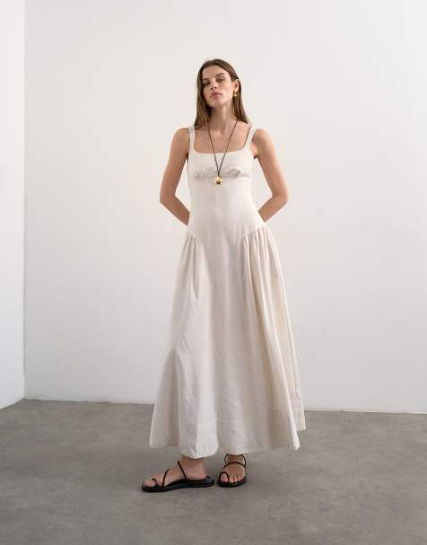 Topshop dropped waist maxi dress in natural linen