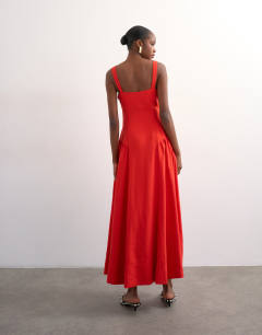 Model wearing Dropped waist linen maxi dress in red