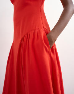 Model wearing Dropped waist linen maxi dress in red