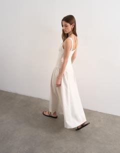 Model wearing Dropped waist maxi dress in natural linen