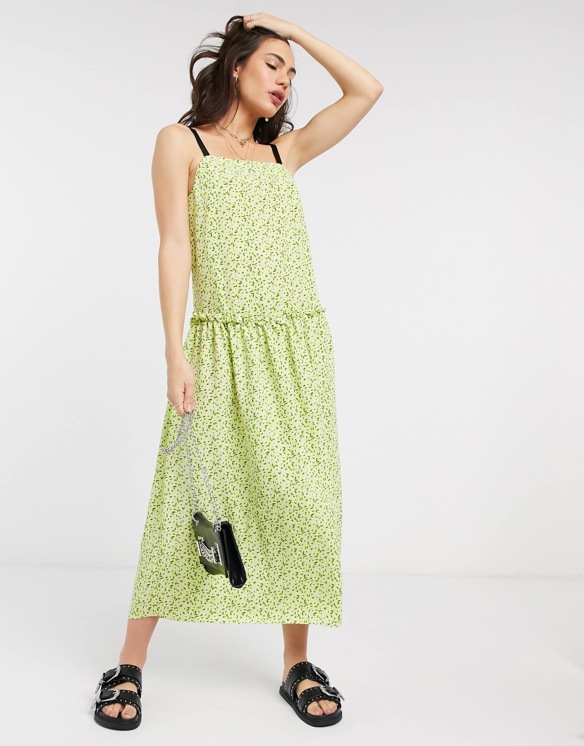 topshop dropped waist midi dress in lime