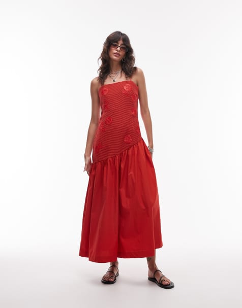 Topshop dropped waist raffia bodice midi sundress in red - view 1