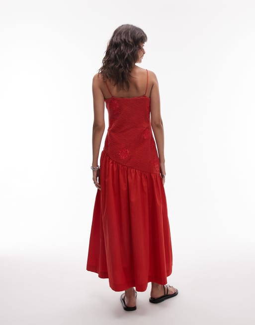Topshop dropped waist raffia bodice midi sundress in red