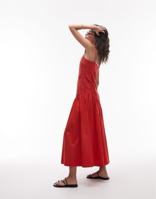 Topshop dropped waist raffia bodice midi sundress in red