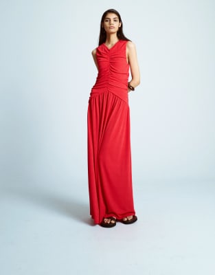 Topshop Dropped Waist Ruched Maxi Dress In Red