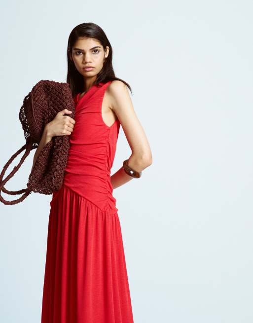 Topshop dropped waist ruched maxi dress in red