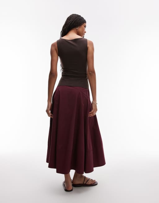 Topshop drop waist spliced maxi skirt in burgundy