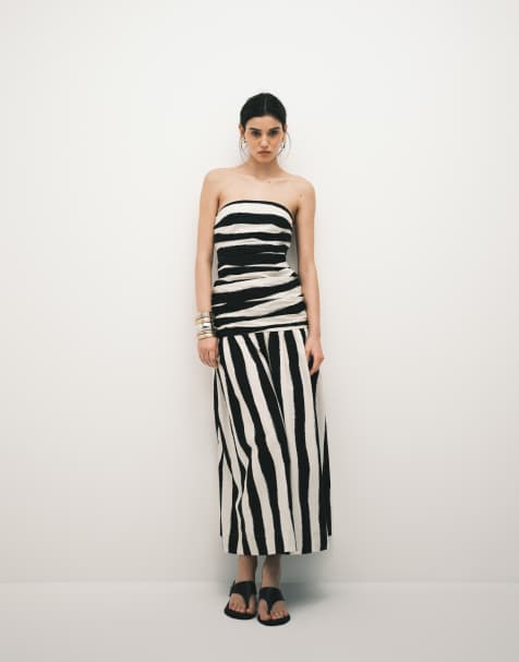 Topshop dropped waist strapless maxi dress in thick black and white stripes - view 1