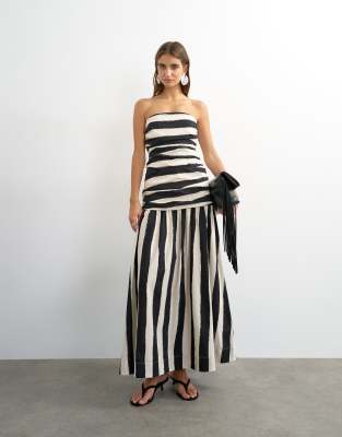 Topshop Dropped Waist Strapless Maxi Dress In Multi