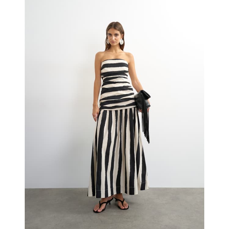 black and white strapless maxi dress Strapless Draped Corset Maxi Dress Black White