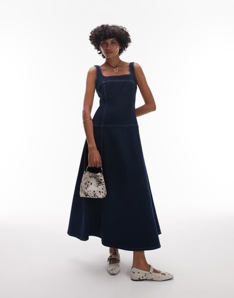 Topshop dropped waist structured denim midi dress in rinse - view 1