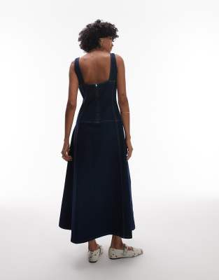 Topshop Dropped Waist Structured Denim Midi Dress In Blue