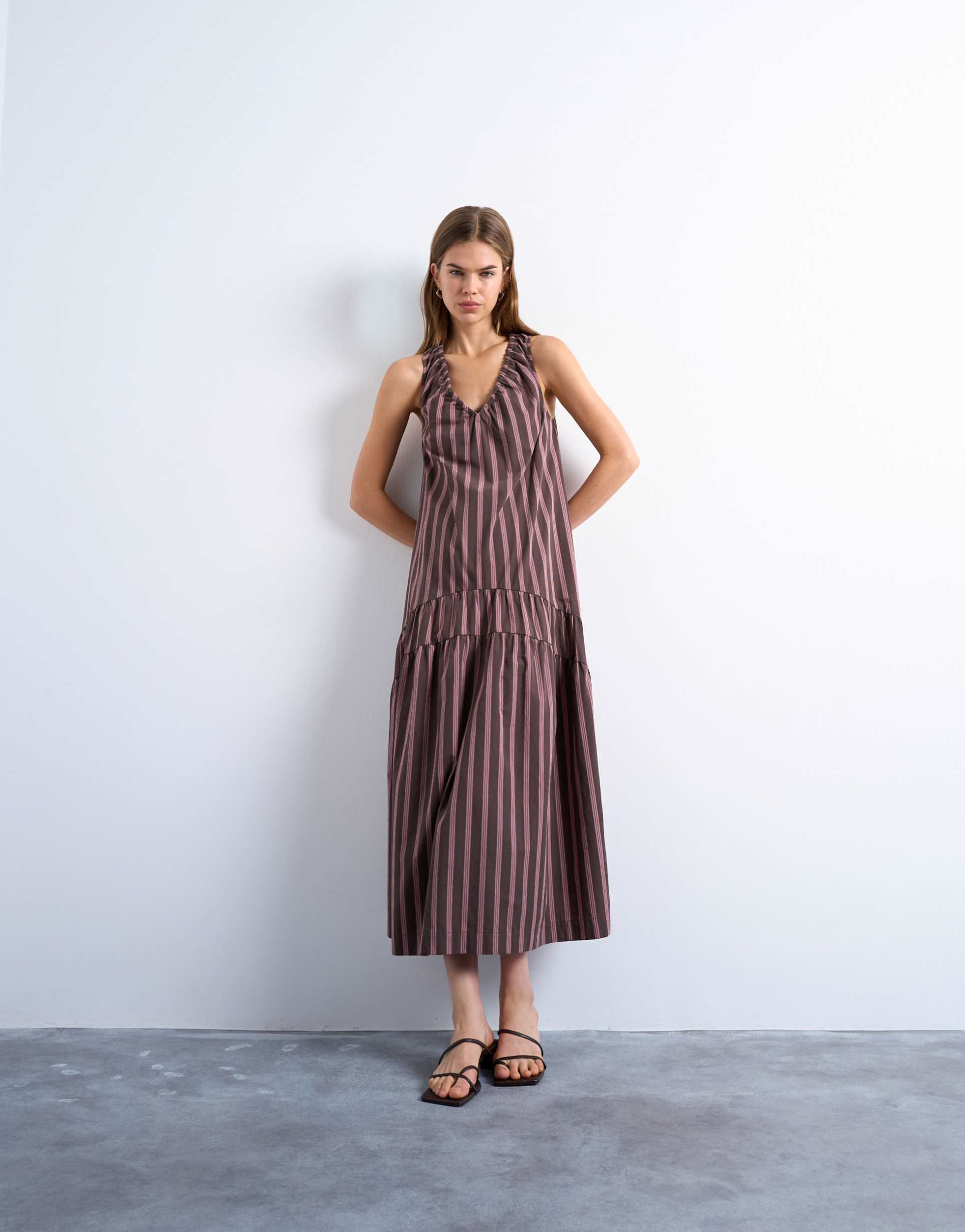 topshop dropped waist throw-on poplin midi dress in pink and chocolate stripe
