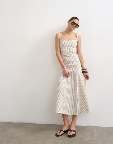 Topshop dropped waist woven stripe midi dress in mono - view 1