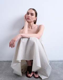 Model wearing Dropped waist woven stripe midi dress in mono
