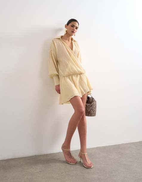 Topshop dropped waist wrap shirt dress in textured off white - view 1