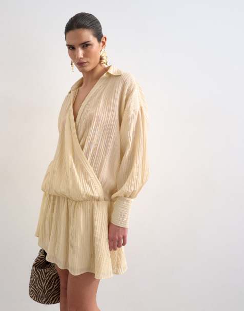 Topshop dropped waist wrap shirt dress in textured off white