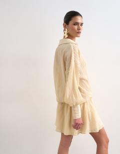 Model wearing Dropped waist wrap shirt dress in textured off white