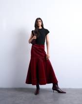 Topshop dropwaist contrast stitched PU maxi skirt in red