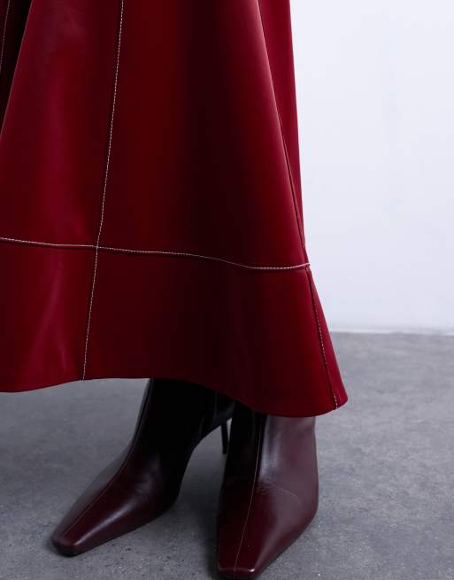 Topshop dropwaist contrast stitched PU maxi skirt in red, 3 of 5