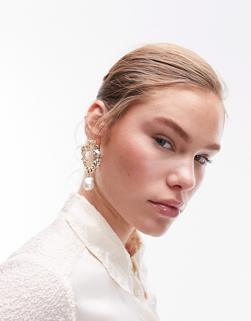 Topshop Dubai round molten earrings with pearl in gold tone
