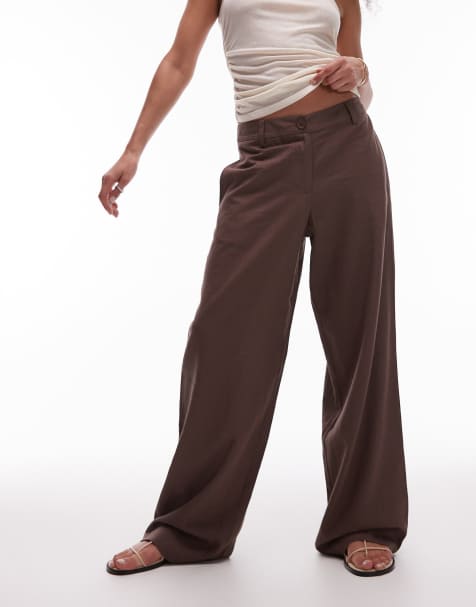Topshop linen low slung trouser in chocolate