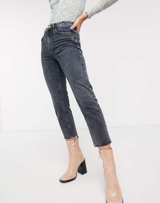 Topshop Dunkelgraue Straight Jeans Mit Fransensaum Asos