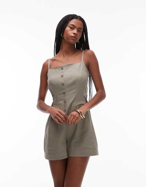 Topshop – Durchgeknöpfter Leinen-Playsuit in Khaki - view 1