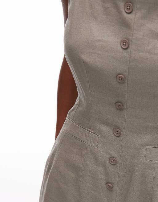 Topshop – Durchgeknöpfter Leinen-Playsuit in Khaki, 4 von 4