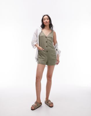 Topshop - Durchgeknöpfter Playsuit in Khaki-Grün