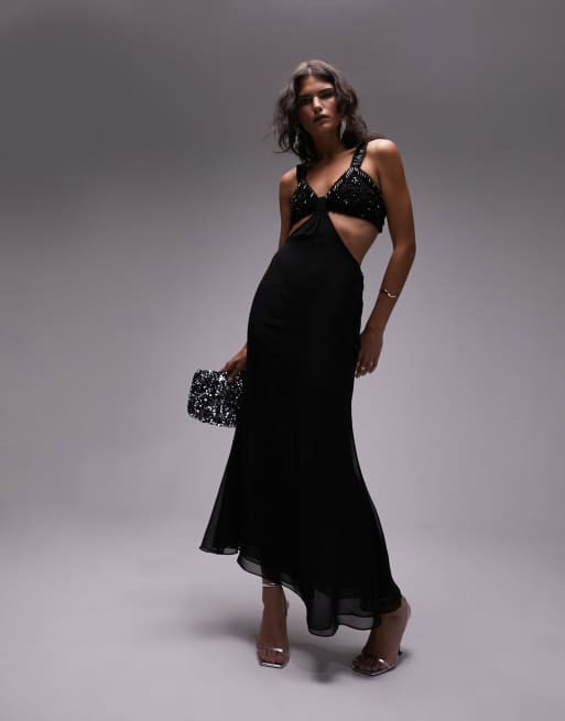 Topshop – Durchscheinendes Midikleid in Schwarz mit verziertem, vorn geknotetem Bustier
