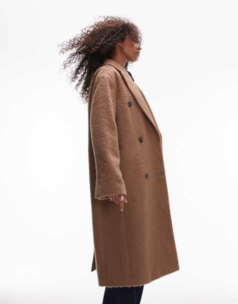 Topshop – Dwurzędowy szczotkowany płaszcz z imitacji wełny w camelowym kolorze - view 1