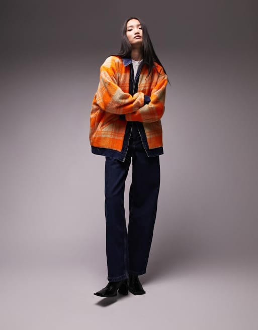 Topshop – Dwustronna kurtka jeansowa oversize w kolorze indygo z drugą stroną w kratę