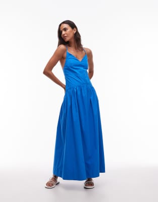 Topshop - Dybblå midikjole med V-hals i poplin - view 1