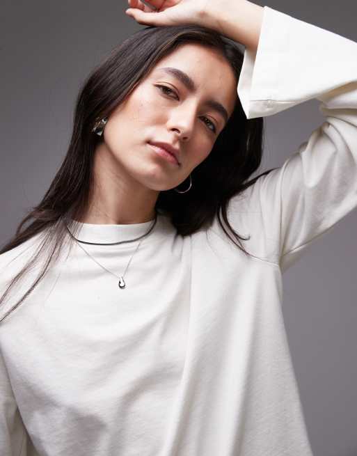 Topshop – Dżersejowy gładki top z długimi rękawami w kolorze złamanej bieli