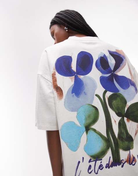 Topshop – Dżersejowy T-shirt oversize w kolorze ecru z kwiatowym nadrukiem na plecach - view 1