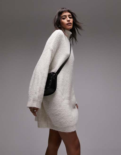 Topshop – Dzianinowa sukienka mini w kolorze kości słoniowej z odwijanym golfem