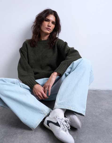 Topshop – Dzianinowy gładki sweter w kolorze khaki z wyeksponowanymi szwami - view 1