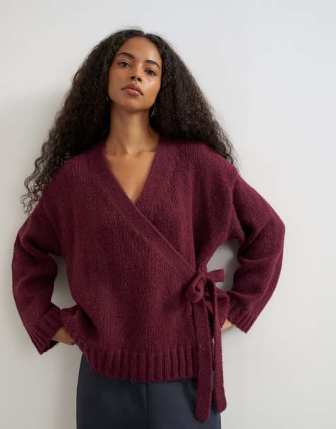 Topshop dzianinowy kardigan kopertowy o pudełkowym kroju z wełną w kolorze morwy - view 1
