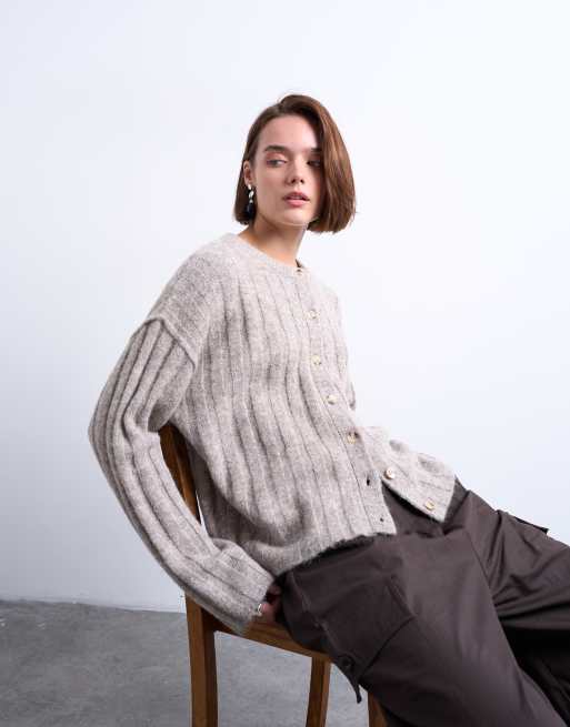 Topshop – Dzianinowy kardigan w naturalnym kolorze z szerokimi prążkami