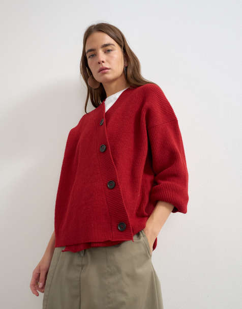 Topshop dzianinowy kardigan z asymetryczną plisą w czerwieni - view 1