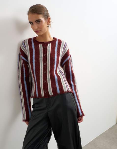 Topshop dzianinowy kardigan z okrągłym dekoltem w burgundowe paski - view 1